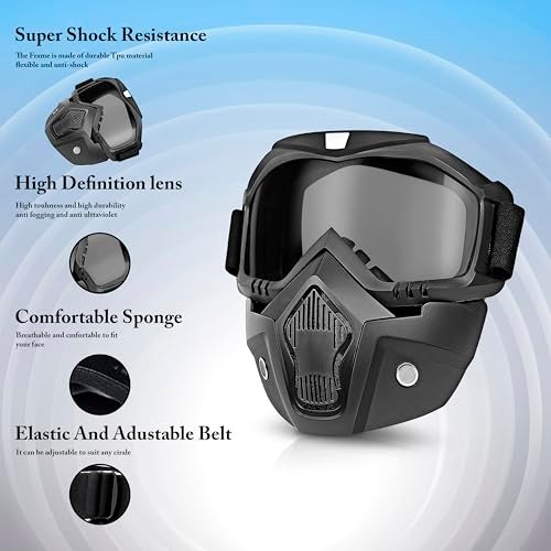 Eliane Reusable Goggle Mask Anti Scratch Uv Protective Face & Eyewear Windproof Dirt Shield with Soft Foam Padded Detachable Mouth Filter for Cycling Bike Off Road Racing Ride Unisex (Black Visor) - Image 5