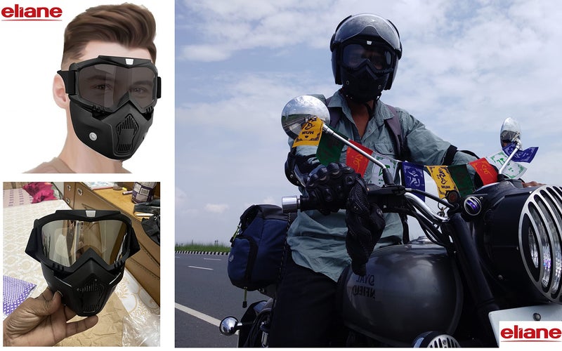 Eliane Reusable Goggle Mask Anti Scratch Uv Protective Face & Eyewear Windproof Dirt Shield with Soft Foam Padded Detachable Mouth Filter for Cycling Bike Off Road Racing Ride Unisex (Black Visor) - Image 2