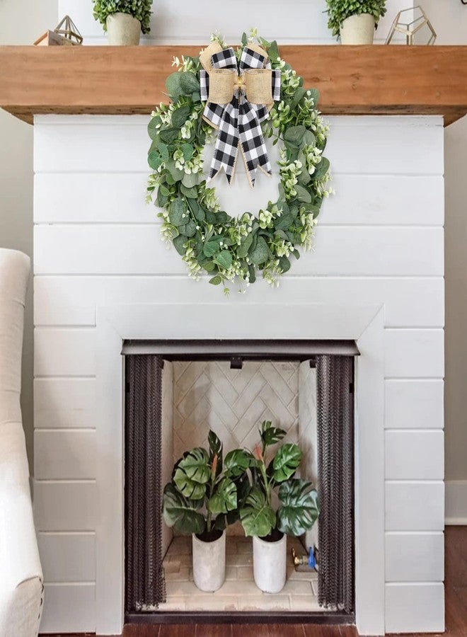 Dremisland Buffalo Plaid Wreath-16 Inch Artificial Eucalyptus Wreath with Plaid Bow | Spring Summer Fall Wreath for Front Door Farmhouse Decor Festival Celebration Home Decor (White&Black Plaid) - Image 2