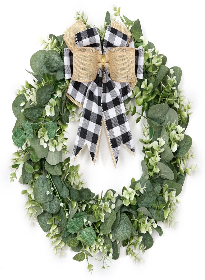 Dremisland Buffalo Plaid Wreath-16 Inch Artificial Eucalyptus Wreath with Plaid Bow | Spring Summer Fall Wreath for Front Door Farmhouse Decor Festival Celebration Home Decor (White&Black Plaid) - Image 1