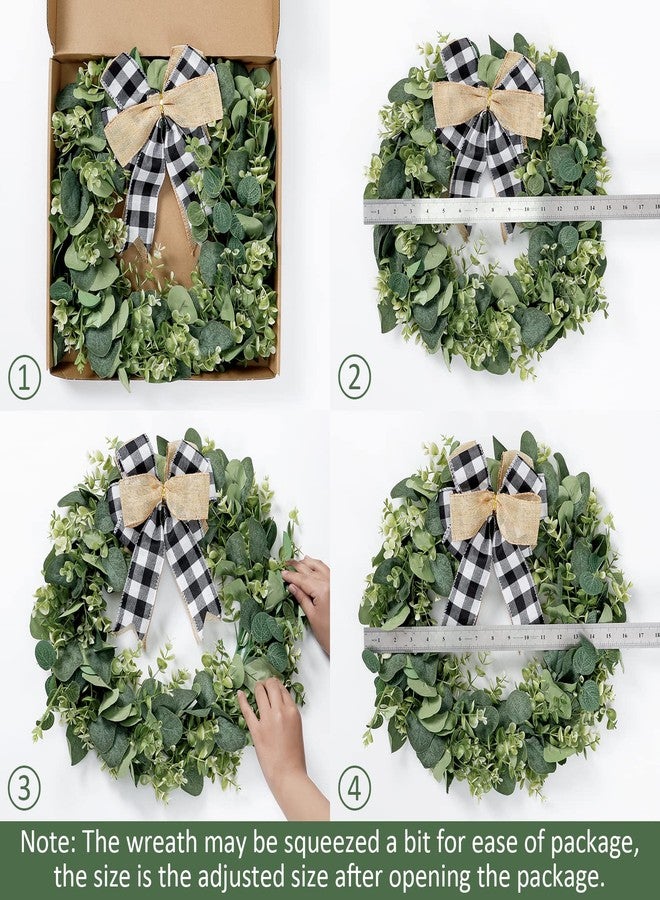 Dremisland Buffalo Plaid Wreath-16 Inch Artificial Eucalyptus Wreath with Plaid Bow | Spring Summer Fall Wreath for Front Door Farmhouse Decor Festival Celebration Home Decor (White&Black Plaid) - Image 4