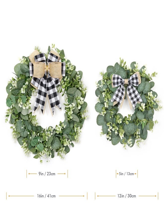 Dremisland Buffalo Plaid Wreath-16 Inch Artificial Eucalyptus Wreath with Plaid Bow | Spring Summer Fall Wreath for Front Door Farmhouse Decor Festival Celebration Home Decor (White&Black Plaid) - Image 3