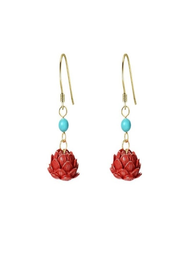 El Regalo Cute Cinnabar Emperor Annie Flower Earrings for Girls & Women - Retro Red Lotus Dangle Earrings with Turquoise Color Bead, Boho Vintage Inspired Handmade Jewelry - Image 1