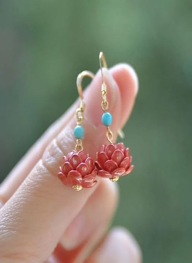 El Regalo Cute Cinnabar Emperor Annie Flower Earrings for Girls & Women - Retro Red Lotus Dangle Earrings with Turquoise Color Bead, Boho Vintage Inspired Handmade Jewelry - Image 4