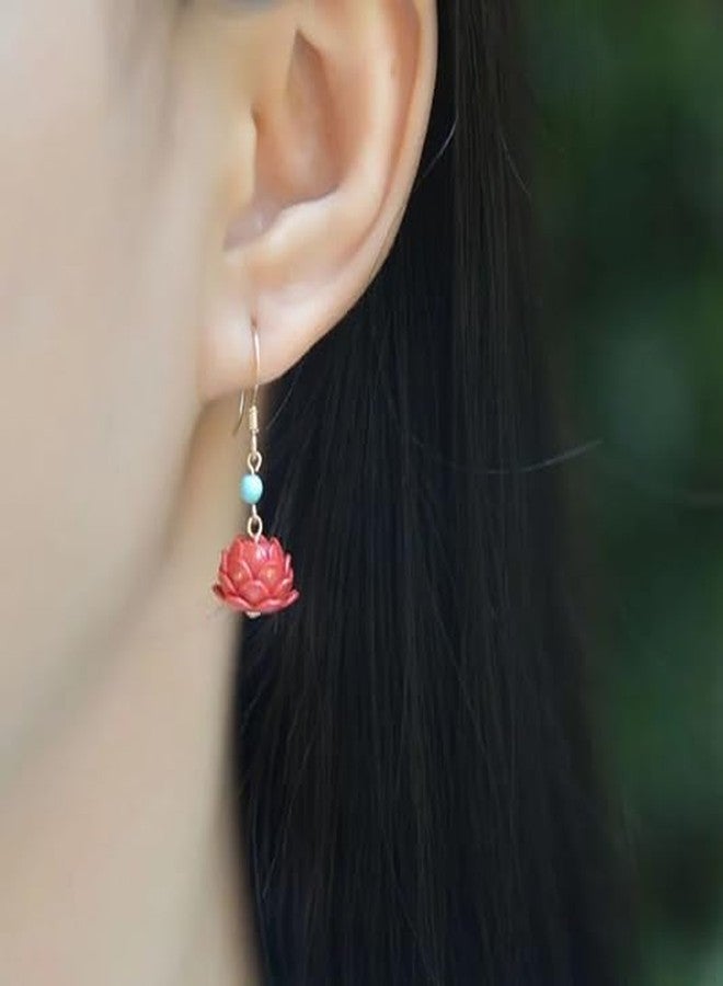 El Regalo Cute Cinnabar Emperor Annie Flower Earrings for Girls & Women - Retro Red Lotus Dangle Earrings with Turquoise Color Bead, Boho Vintage Inspired Handmade Jewelry - Image 5