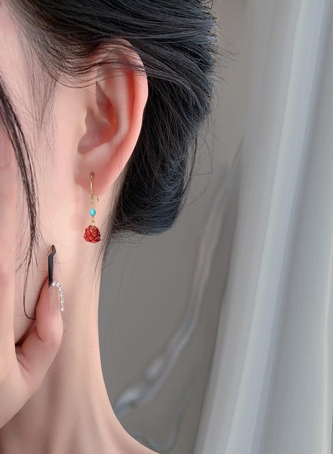 El Regalo Cute Cinnabar Emperor Annie Flower Earrings for Girls & Women - Retro Red Lotus Dangle Earrings with Turquoise Color Bead, Boho Vintage Inspired Handmade Jewelry - Image 3