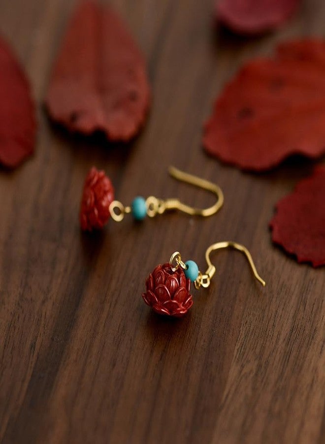 El Regalo Cute Cinnabar Emperor Annie Flower Earrings for Girls & Women - Retro Red Lotus Dangle Earrings with Turquoise Color Bead, Boho Vintage Inspired Handmade Jewelry - Image 2