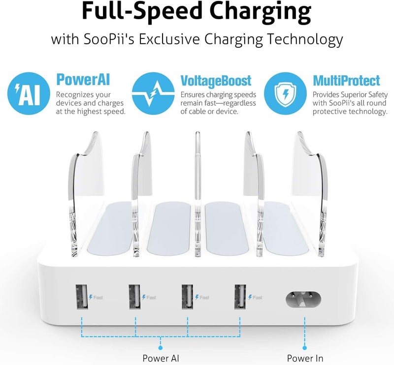 Soopii Charging Station for Multiple Devices, 4-Port Charger Station with 6 Charging Cables Included,Desk Organizer Charge Station for Phones, Tablets, and Other Electronics - Image 2