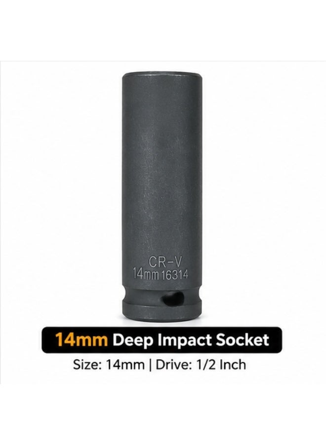 14mm Deep Impact Socket, 1/2 Inch Drive, 6 Point Cr-Mo Chrome Molybdenum Steel Socket for Impact Wrench, Ratchet and Breaker Bar - Image 1
