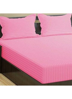 Trance Home Linen Trance Home Linen 100% Cotton 78x72 inch King Fitted 200TC Satin Stripe Elastic Fitted Bedsheet | Bedroom Hotels Daily Use Fitted Bedspread with 2 Pillow Covers (78"x72" | 6.5x6 feet, Pink)  - Image 2