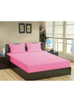 Trance Home Linen Trance Home Linen 100% Cotton 78x72 inch King Fitted 200TC Satin Stripe Elastic Fitted Bedsheet | Bedroom Hotels Daily Use Fitted Bedspread with 2 Pillow Covers (78"x72" | 6.5x6 feet, Pink)  - Image 1