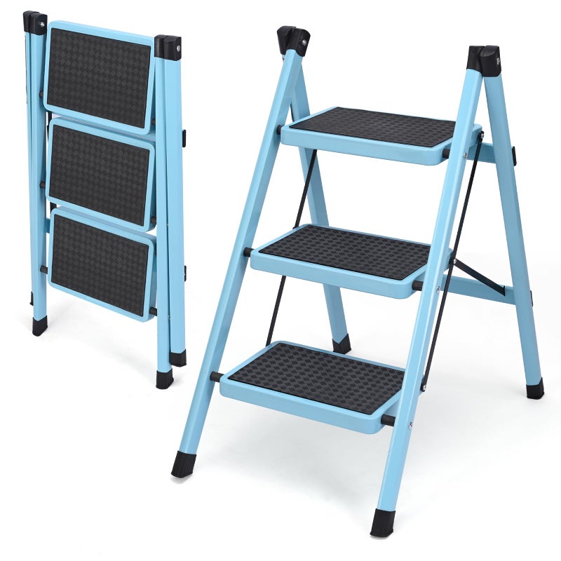 YLWSHRNT 3 Step Ladder, Folding Step Stool for Adults, Lightweight Aluminum Step Ladder, Portable 330 LBS Capacity Ladders for Home Kitchen Library Office, Small Step Stools with Anti-Slip Wide Pedals, Blue - Image 1