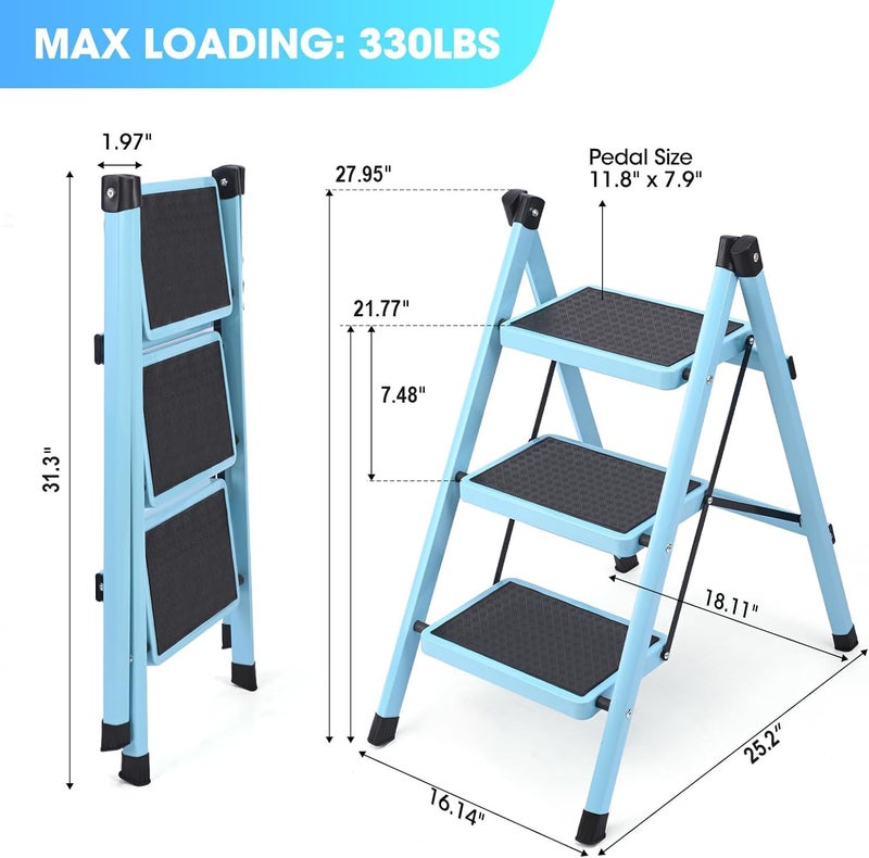 YLWSHRNT 3 Step Ladder, Folding Step Stool for Adults, Lightweight Aluminum Step Ladder, Portable 330 LBS Capacity Ladders for Home Kitchen Library Office, Small Step Stools with Anti-Slip Wide Pedals, Blue - Image 2
