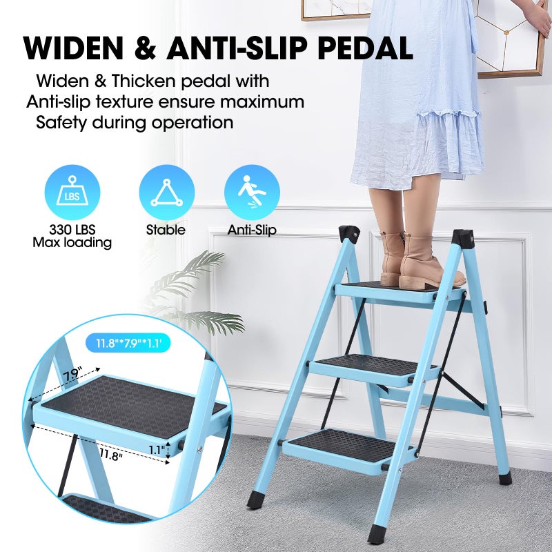 YLWSHRNT 3 Step Ladder, Folding Step Stool for Adults, Lightweight Aluminum Step Ladder, Portable 330 LBS Capacity Ladders for Home Kitchen Library Office, Small Step Stools with Anti-Slip Wide Pedals, Blue - Image 3