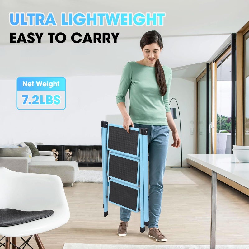 YLWSHRNT 3 Step Ladder, Folding Step Stool for Adults, Lightweight Aluminum Step Ladder, Portable 330 LBS Capacity Ladders for Home Kitchen Library Office, Small Step Stools with Anti-Slip Wide Pedals, Blue - Image 5
