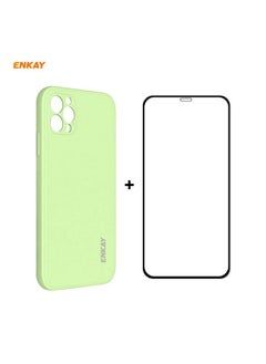 For iPhone 12 Pro Hat-Prince ENKAY ENK-PC0692 Liquid Silicone Straight Edge Shockproof Case + 0.26mm 9H 2.5D Full Glue Tempered Glass Film(Light Green)