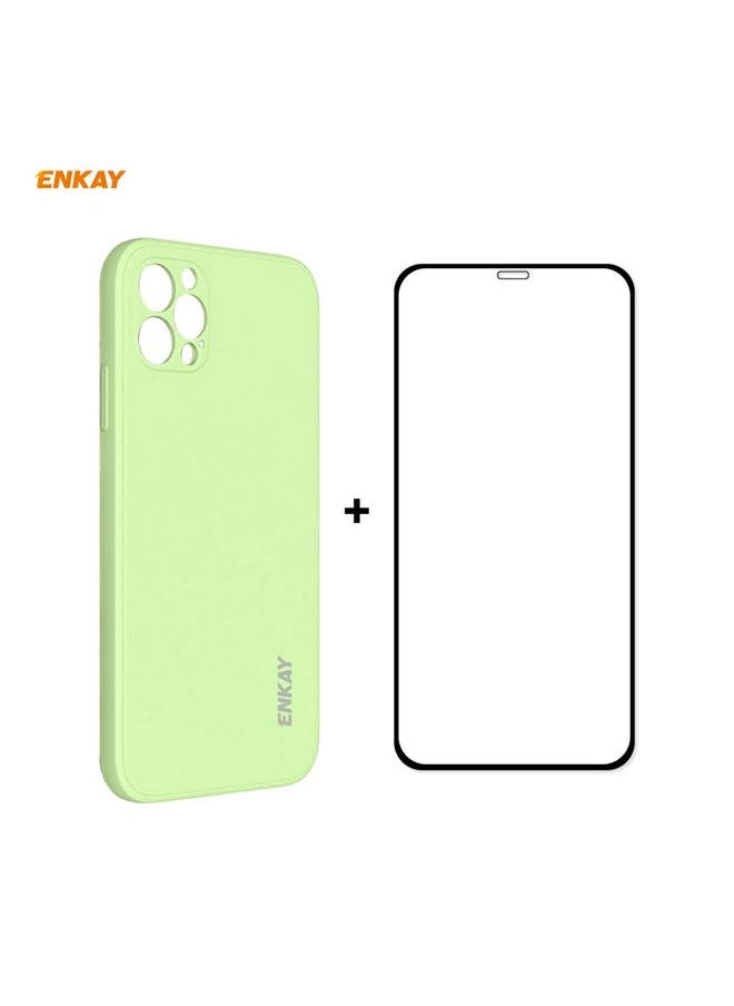 Green Tiger - For iPhone 12 Pro Hat-Prince ENKAY ENK-PC0692 Liquid Silicone Straight Edge Shockproof Case + 0.26mm 9H 2.5D Full Glue Tempered Glass Film(Light Green) - Image 1