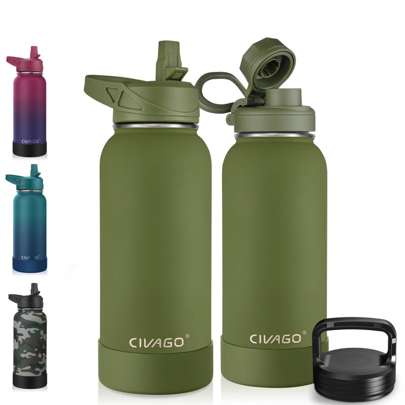 CIVAGO 32 oz Insulated Water Bottle With Straw, Stainless Steel Sports Water Cup Flask with 3 Lids (Straw, Spout and Handle Lid), Wide Mouth Travel Thermal Mug, Army Green - Image 1