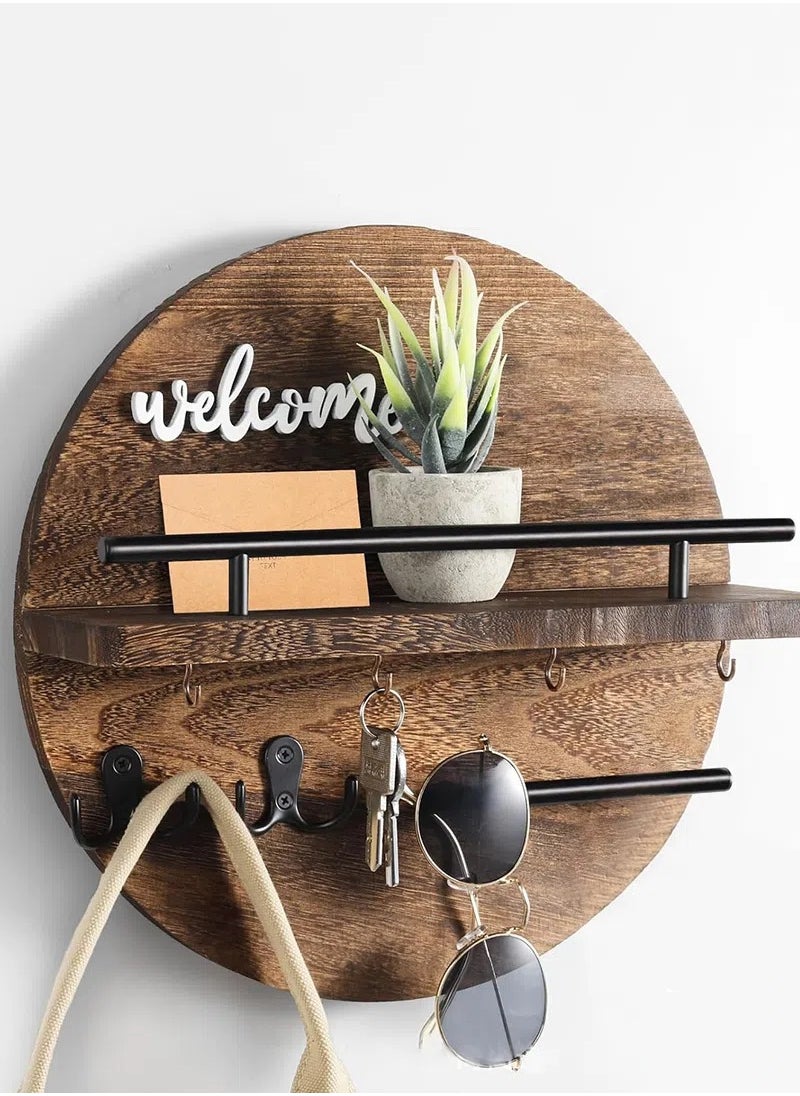 Gmisun Modern Style Wooden Wall Decorative Hanging Shelves with 6 Hooks Home Decor for Entryway Mudroom Office Hallway  - Image 1