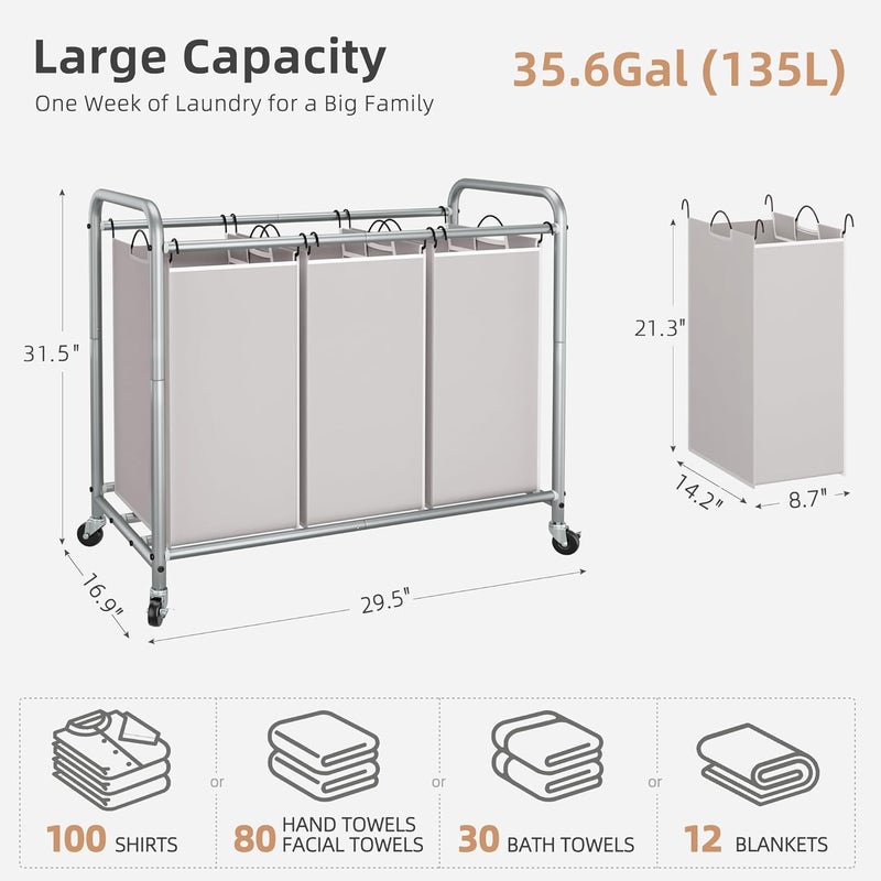 STORAGE MANIAC 3 Section Laundry Sorter, 3 Bag Laundry Hamper Cart with Heavy Duty Rolling Lockable Wheels and Removable Bags, Laundry Organizer Basket Clothes Separator Hamper, Gray - Image 4