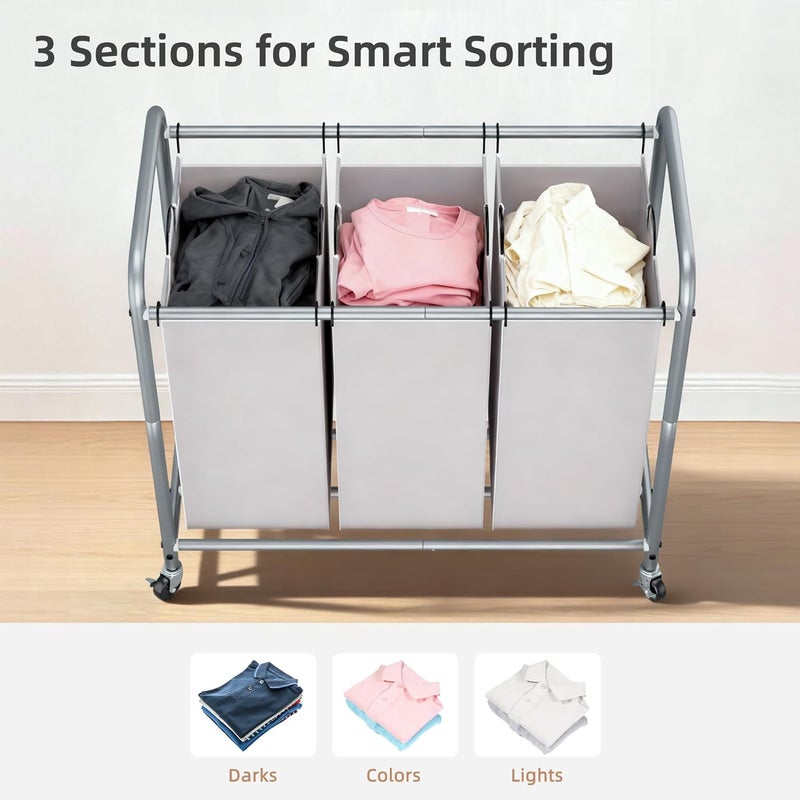 STORAGE MANIAC 3 Section Laundry Sorter, 3 Bag Laundry Hamper Cart with Heavy Duty Rolling Lockable Wheels and Removable Bags, Laundry Organizer Basket Clothes Separator Hamper, Gray - Image 3