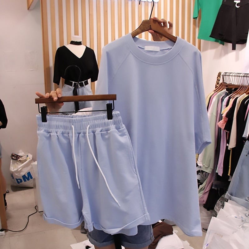 2024 summer casual sports suit Korean style loose short sleeve T-shirt wide leg shorts two-piece set Dongdaemun womens clothing Sky Blue