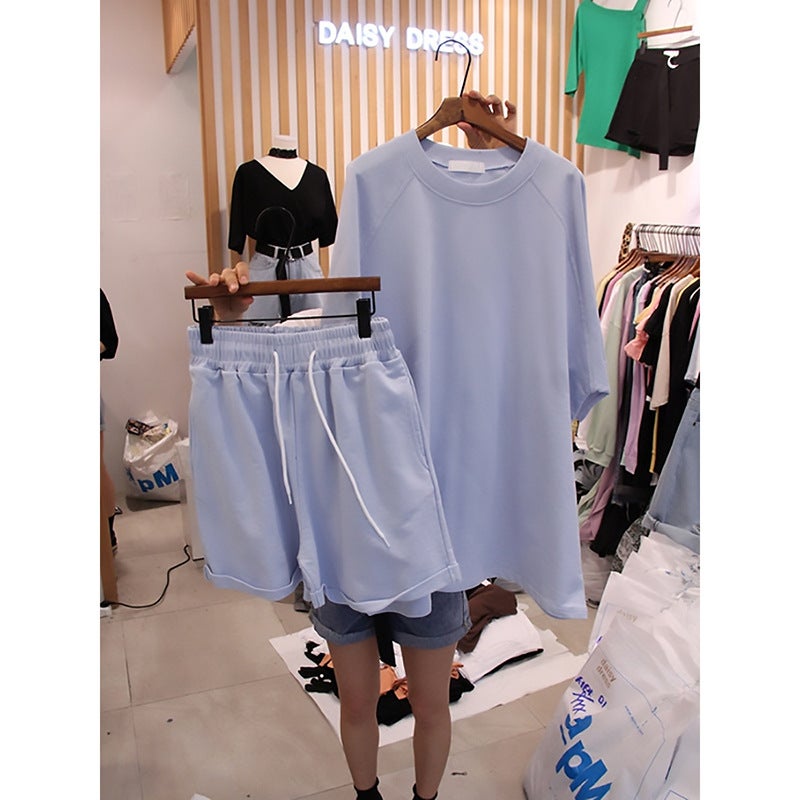 2024 summer casual sports suit Korean style loose short sleeve T-shirt wide leg shorts two-piece set Dongdaemun womens clothing Sky Blue