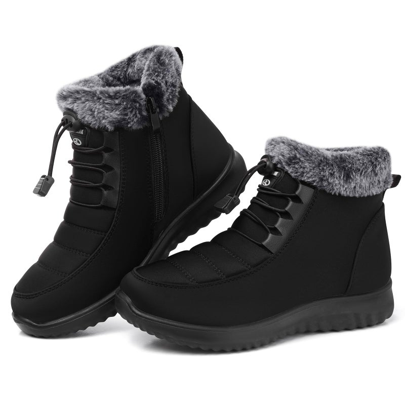 SHIBEVER Winter Boots for Women Snow: Black Fur Lined Warm Ankle Boots - Cold Weather Water Resistant Outdoor Zipper Snow Shoes Size 7 - Image 1