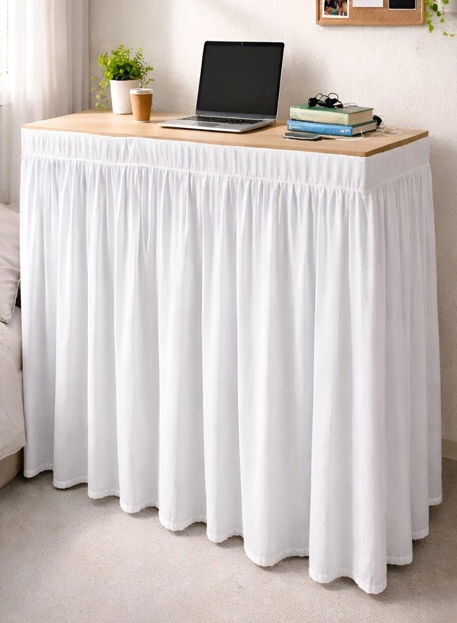 Shreem Linen تنورة مكتب من الكتان من شريم، غطاء طاولة مكشكش ومجمع، مصمم خصيصًا، بدون قاعدة، زوايا مشقوقة، غطاء تخزين أسفل المكتب لغرف النوم والمكاتب المنزلية، تنورة مكتب بيضاء (عمق 24 × عرض 42 × ارتفاع 30 بوصة) - Image 1