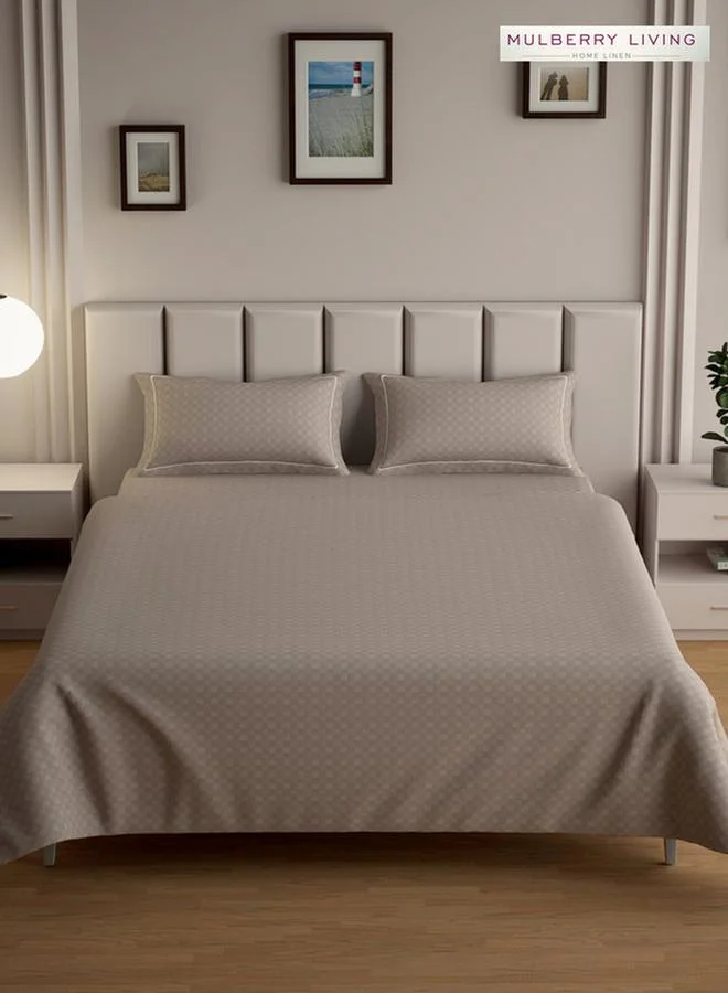 Mulberry Living 100% Cotton King Fitted Bedsheet With 2 Pillow Covers - 300Tc Urban Grid - Mocha