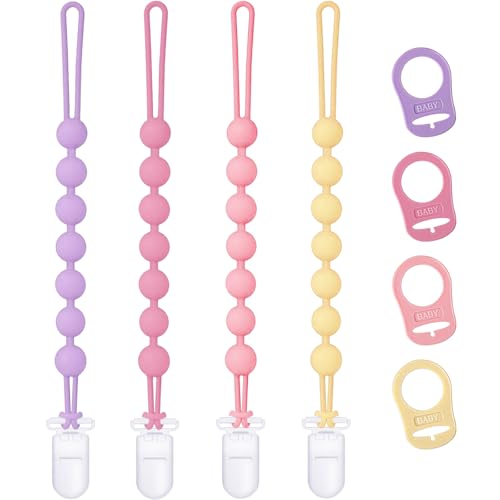 Qunland 4-Pack Silicone Pacifier Clip with Adapter Ring Fits MAM Dummy, Soft Flexible Binky Holder for Button-Style Maam Dummies, Anti-Loss Paci Clips for Baby Girls, Xmas Gifts Baby Shower Essentials - Image 1