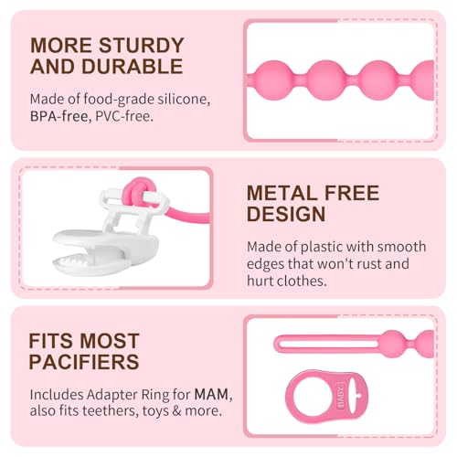 Qunland 4-Pack Silicone Pacifier Clip with Adapter Ring Fits MAM Dummy, Soft Flexible Binky Holder for Button-Style Maam Dummies, Anti-Loss Paci Clips for Baby Girls, Xmas Gifts Baby Shower Essentials - Image 3