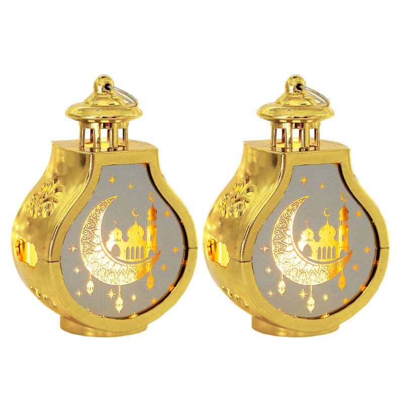 ALIBBON 2 Pcs Ramadan Lantern Mini Gold Candle Lantern Decorative Hanging Lantern Eid Mubarak Lantern Moon Star Castle Lantern Ramadan Decorations for Home Indoor Outdoor Ramadan Table Decor - Image 1