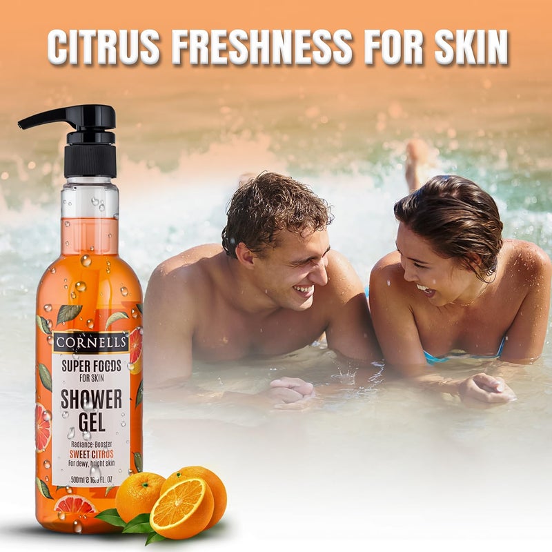 CORNELLS WELLNESS CORNELLS Super Foods Sweet Citrus Shower Gel for Dewy & Bright Skin | For Men & Women Radiance-Boosting Body Wash with Citrus Extracts | Gentle Cleanser for Soft-Toned - 500ml - Image 2