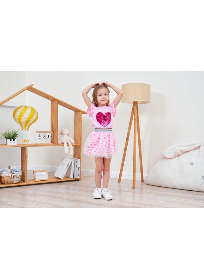 RETSUGO Girls Tulle Skirt Set Two Piece Ruffle Sleeve Unicorn T-Shirt Tutu Dress Summer Birthday Party Outfit 2-10 Years, Heart Print/Pink, 7-8 Years - Image 5