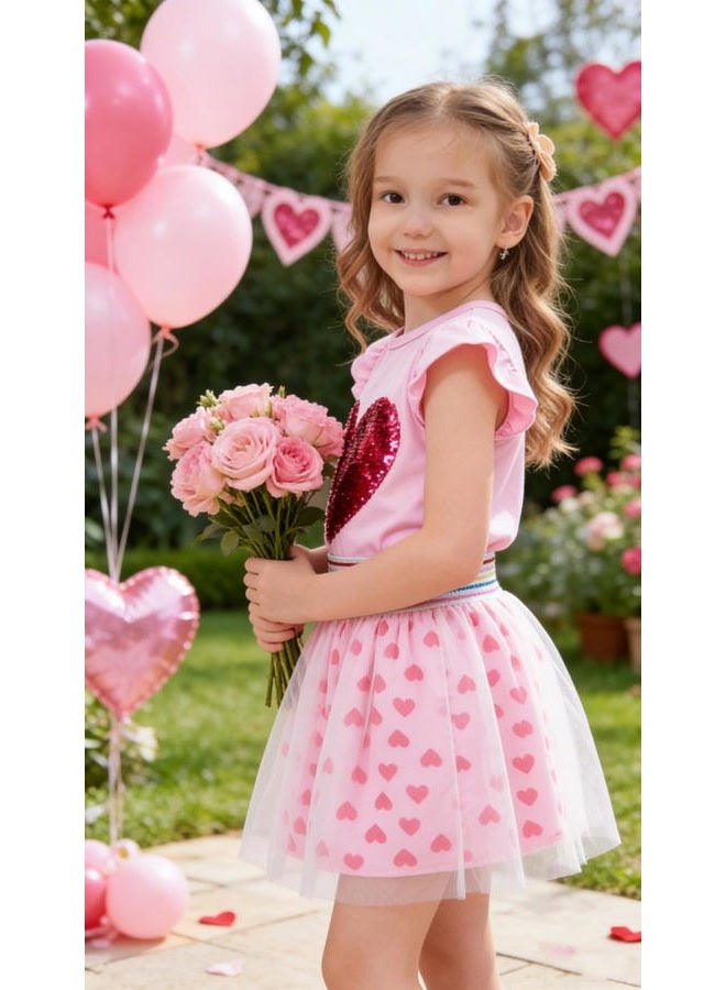 RETSUGO Girls Tulle Skirt Set Two Piece Ruffle Sleeve Unicorn T-Shirt Tutu Dress Summer Birthday Party Outfit 2-10 Years, Heart Print/Pink, 7-8 Years - Image 3