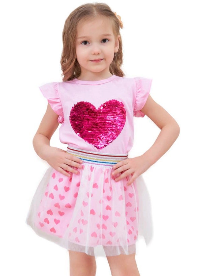 RETSUGO Girls Tulle Skirt Set Two Piece Ruffle Sleeve Unicorn T-Shirt Tutu Dress Summer Birthday Party Outfit 2-10 Years, Heart Print/Pink, 7-8 Years - Image 1