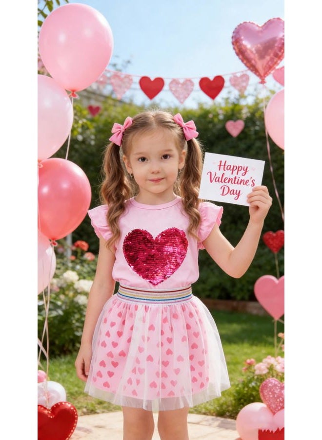 RETSUGO Girls Tulle Skirt Set Two Piece Ruffle Sleeve Unicorn T-Shirt Tutu Dress Summer Birthday Party Outfit 2-10 Years, Heart Print/Pink, 7-8 Years - Image 2