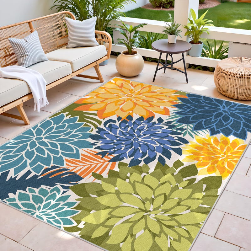 Arenarug Colorful 5x8 Outdoor Area Rug Washable Multicolored Patio Rug Tropical Botanical Floral Chenille Waterproof Outdoor Carpet for Living Room, Deck, Backyard, Porch, Green - Image 3