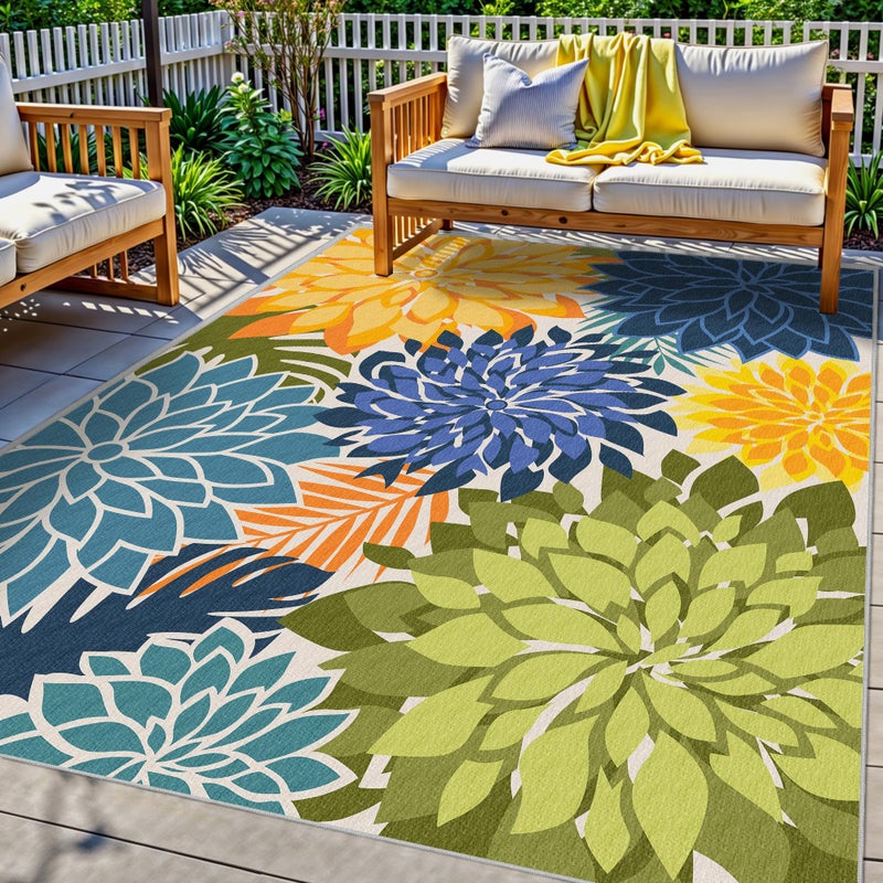 Arenarug Colorful 5x8 Outdoor Area Rug Washable Multicolored Patio Rug Tropical Botanical Floral Chenille Waterproof Outdoor Carpet for Living Room, Deck, Backyard, Porch, Green - Image 1