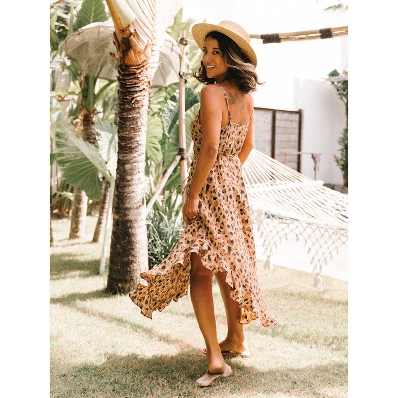 Cross-border 2020 European and American spring and summer leopard print single-breasted ruffled backless suspender dress brown L - Image 4
