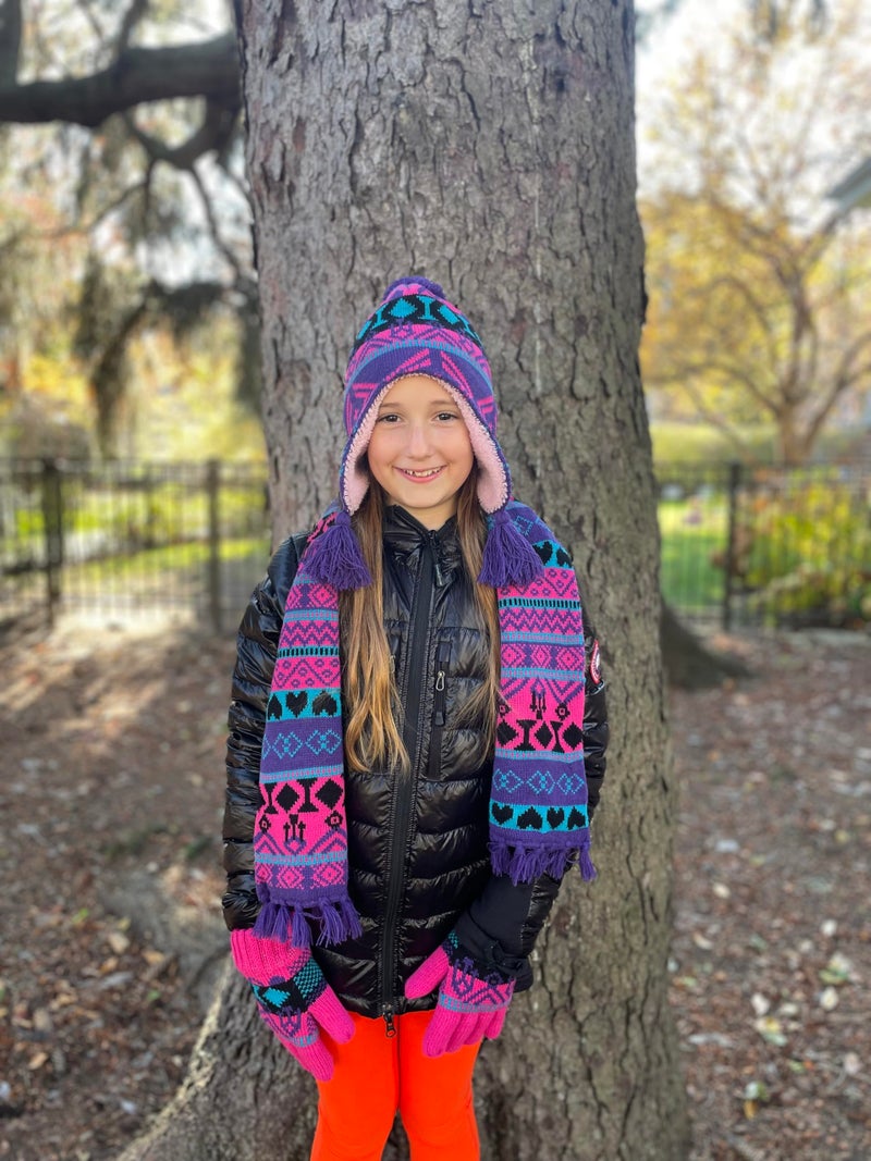 N'Ice Caps Kids Hat Glove Scarf Girls Winter Knit Accessory Set Warm Sherpa Lined 3 Piece (8-12 Years, purple/turq/fuchsia/black) - Image 4