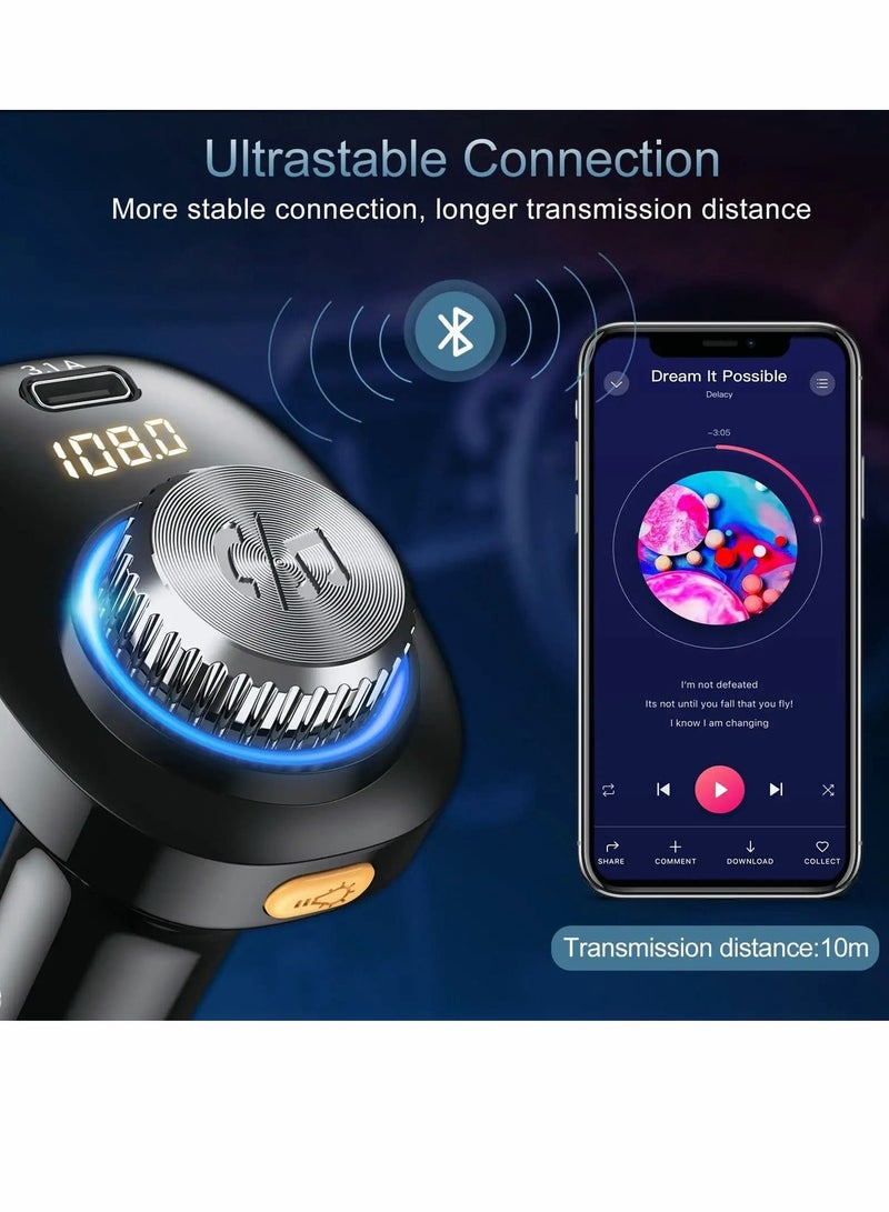 Excefore Bluetooth FM Transmitter for Car, Bluetooth 5.0 Car Adapter, Handsfree Call Car Charger with Fast Charge, 7 LED RGB Colors, Dual USB Port Charger, Wireless Radio Receiver Supports TF Card/U-Disk - Image 3