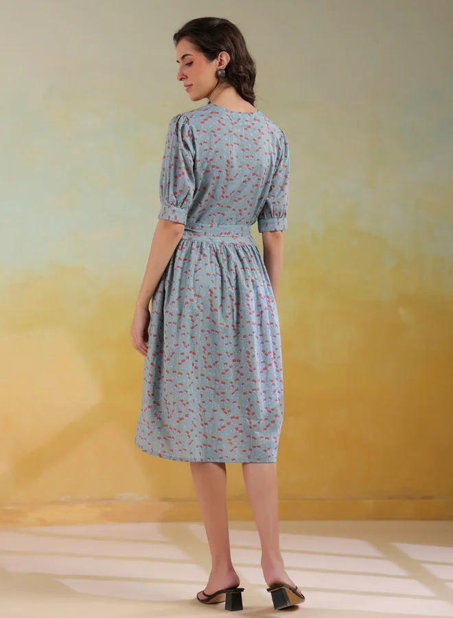 sanskrutihomes Sanskrutihomes Women Floral Printed Puff Sleeves A-Line Knee-Length Dress