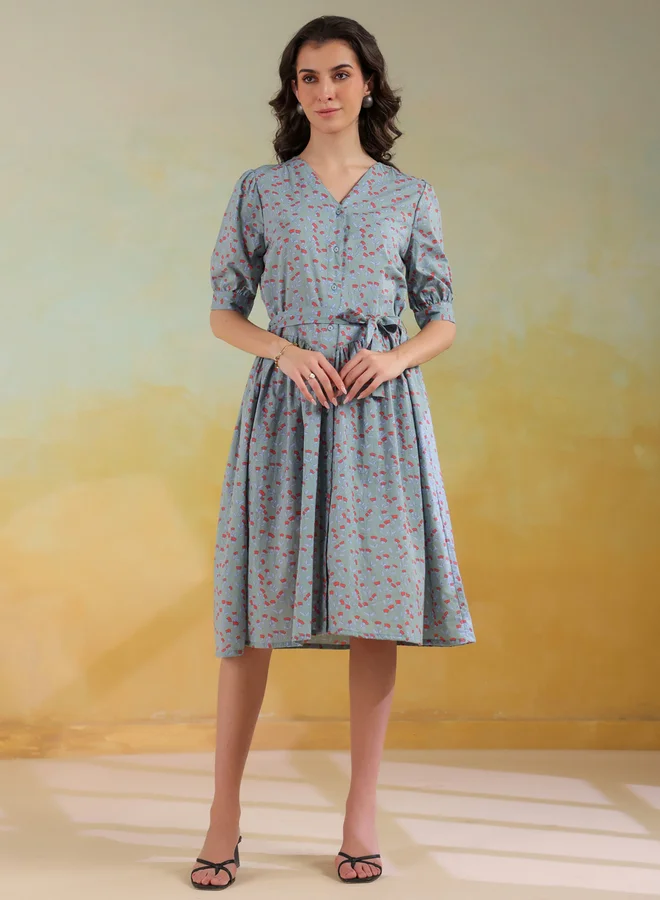 sanskrutihomes Sanskrutihomes Women Floral Printed Puff Sleeves A-Line Knee-Length Dress