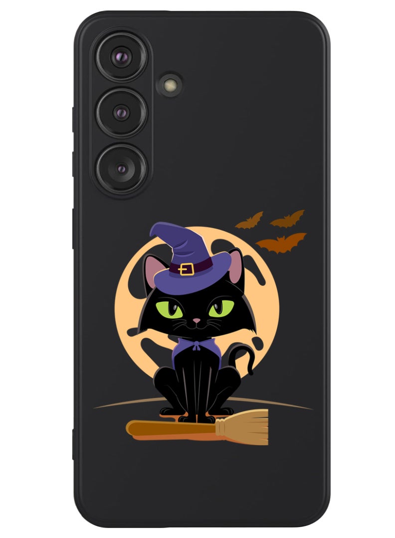 Theodor Protective Slim Fit Case Liquid Silicone Cover with Full Body Protection Anti-Scratch Shockproof Case For Samsung Galaxy S24 Plus (Black) - Cat Halloween with broom - Image 1