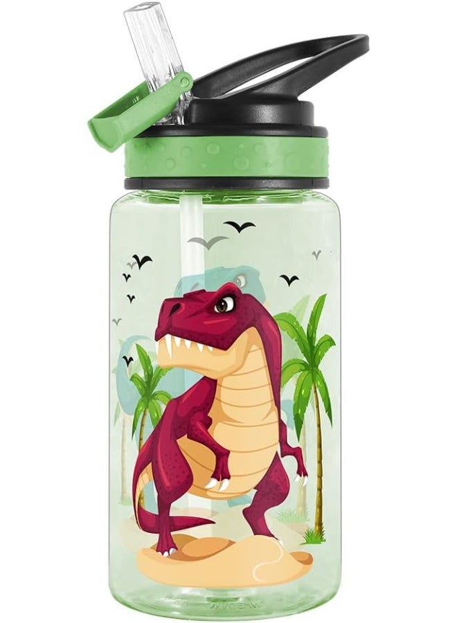 Home Tune 15oz Water Bottle for Kids Girls Boys School, BPA Free, Leak Proof Flip Straw, Carry Loop, Easy Clean - Dinosaur - Image 1