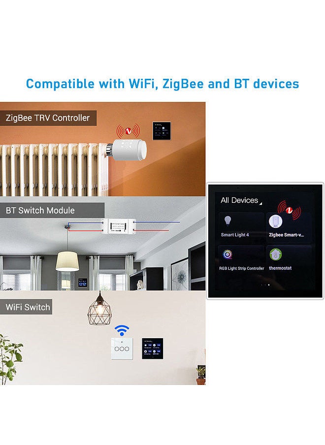Smart Home Control Panel Multi-functional WiFi Smart Scene Wall Switch ZigBee BT Function APP Remote Control with 4-inch LCD Touch Screen Clock Date Temperature Weather Display