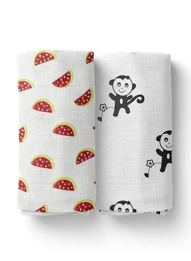 MOM'S HOME - Organic Cotton Super Soft Baby Muslin Cloth Swaddle 0 12 Months 100X100 Cm Pack Of 2 Monkey And Melon - Image 1