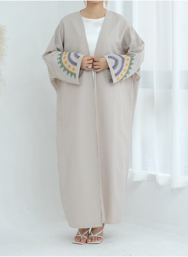 لوريا مصنّع عبايات لوريا - عبايات للمسلمات بمقاسات كبيرة، فستان دبي مطرّز مع كارديغان بأكمام، مجموعة عيد، عباية مفتوحة - بيج - Image 1